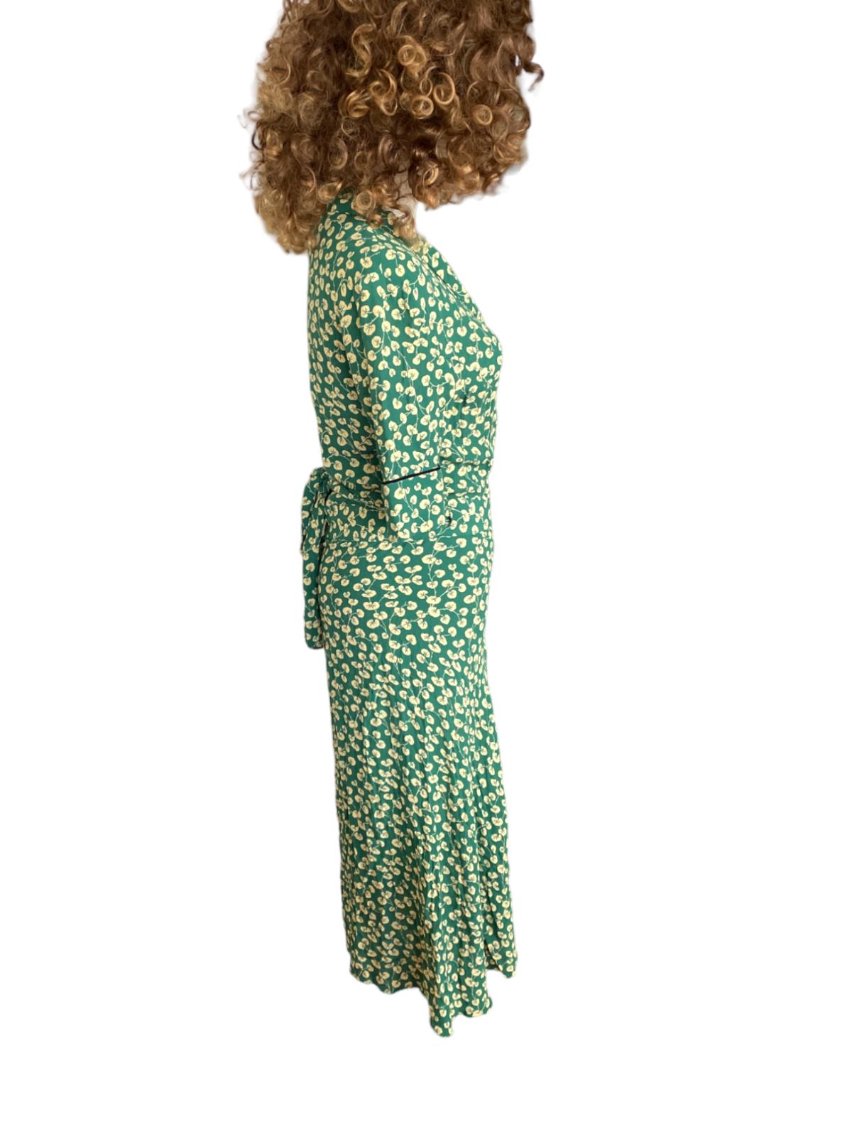 GANNI Dalton Crepe Wrap Midi Dress | Green Floral, Viscose, Naked Pear GANNI Dalton Crepe Wrap Midi Dress | Green Floral, Viscose, Naked Pear