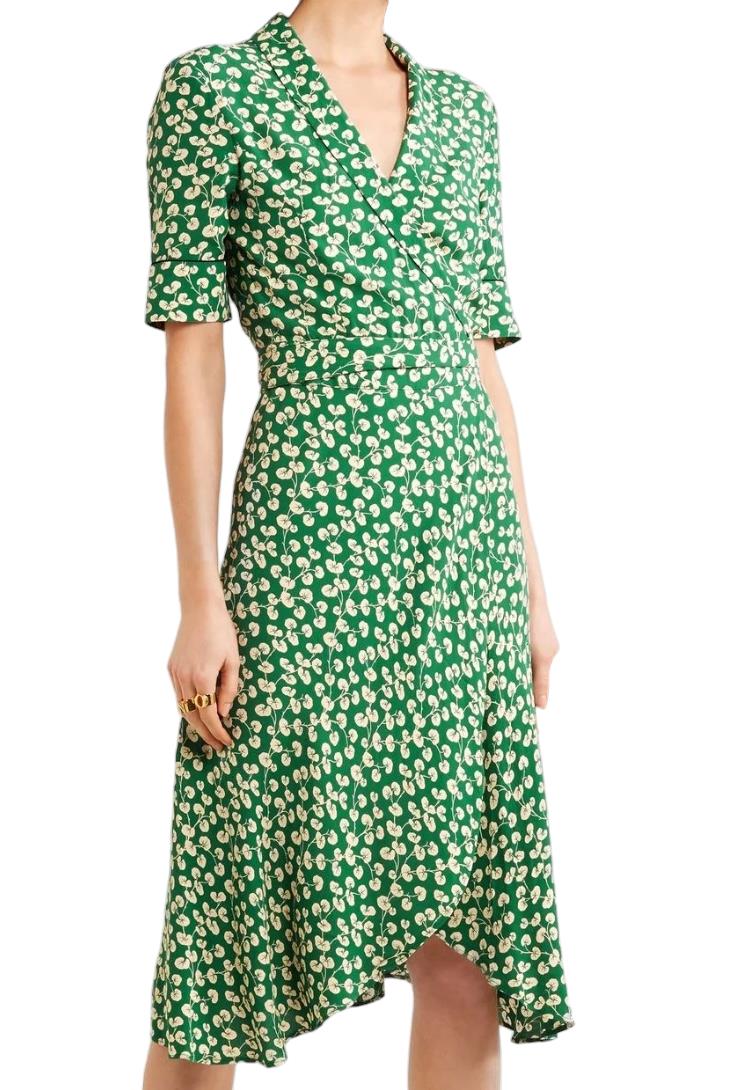 GANNI Dalton Crepe Wrap Midi Dress | Green Floral, Sz 36/Small, Viscose, V Neck GANNI Dalton Crepe Wrap Midi Dress | Green Floral, Sz 36/Small, Viscose, V Neck