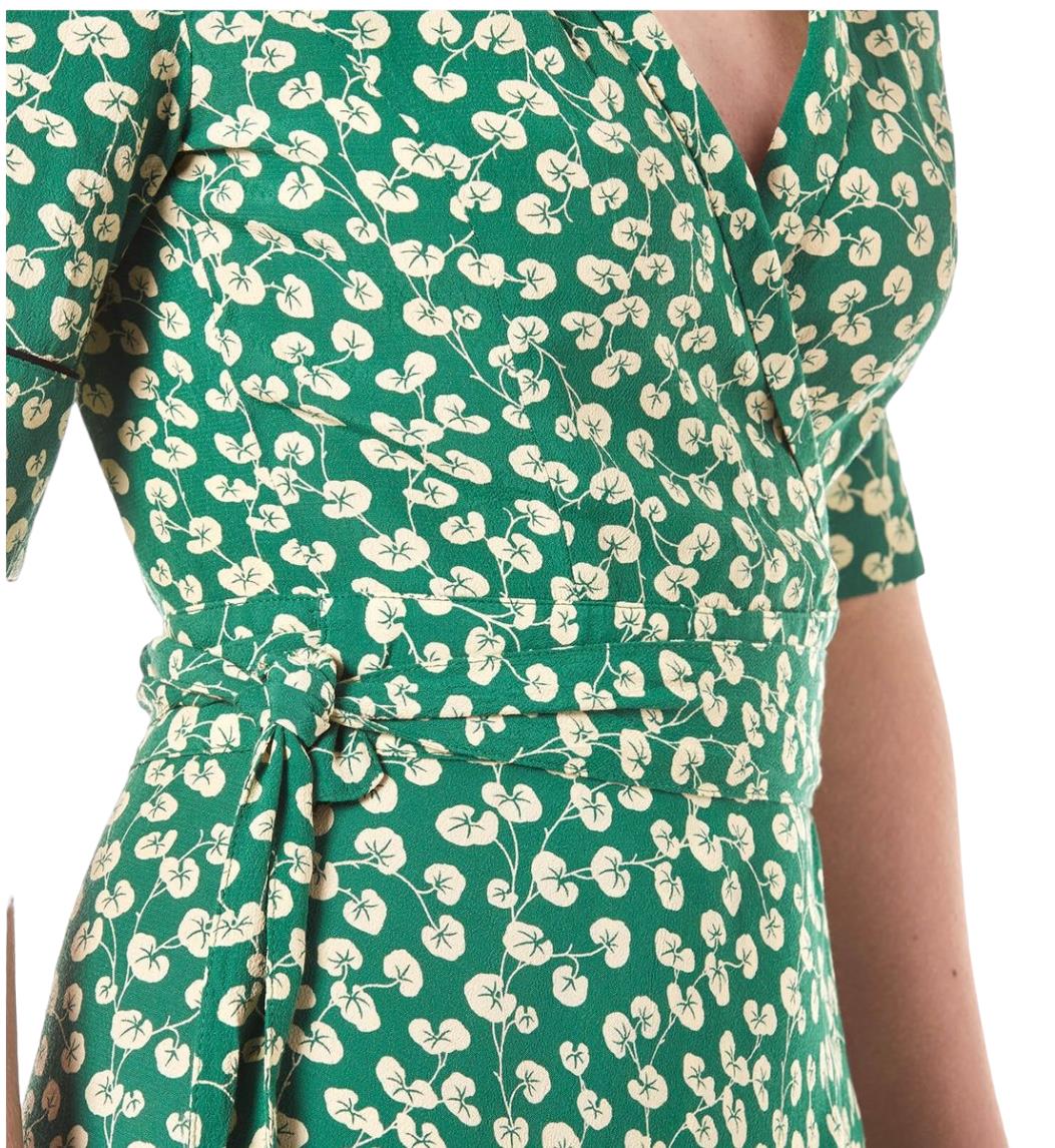 GANNI Dalton Crepe Wrap Midi Dress Green Floral Viscose