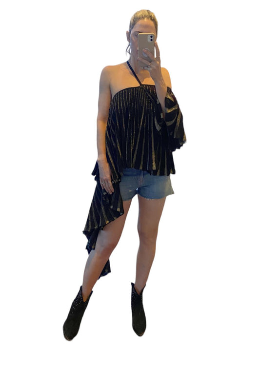 Sass & Bide Fiesta Barcelona Top | Sz L, Black/Gold, Off/One Shoulder, Festival