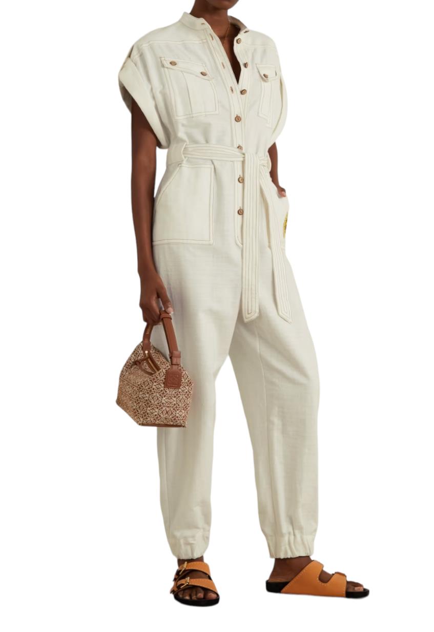 Zimmermann Tiggy Short Sleeve Jumpsuit | Cotton, Ivory/White, Rolled Cuffs