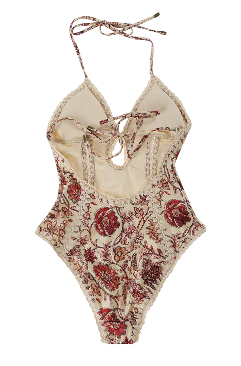 Zimmermann Vitali Keyhole Crochet One Piece | Cotton Trimming, Floral, Red/White