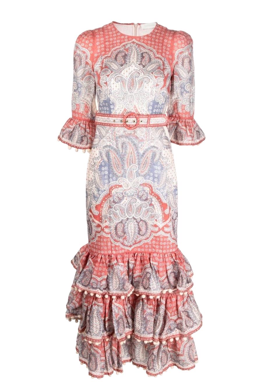 Zimmermann Vitali Tiered Hem Midi Dress| Blue/Pink, Paisely, Belted, Linen