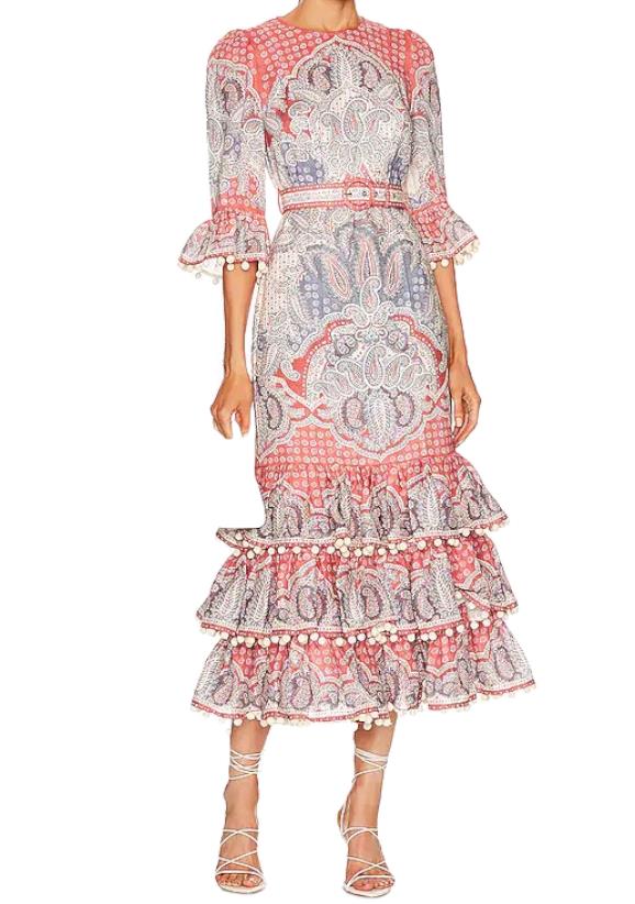 Zimmermann Vitali Tiered Hem Midi Dress| Blue/Pink, Paisely, Belted, Linen