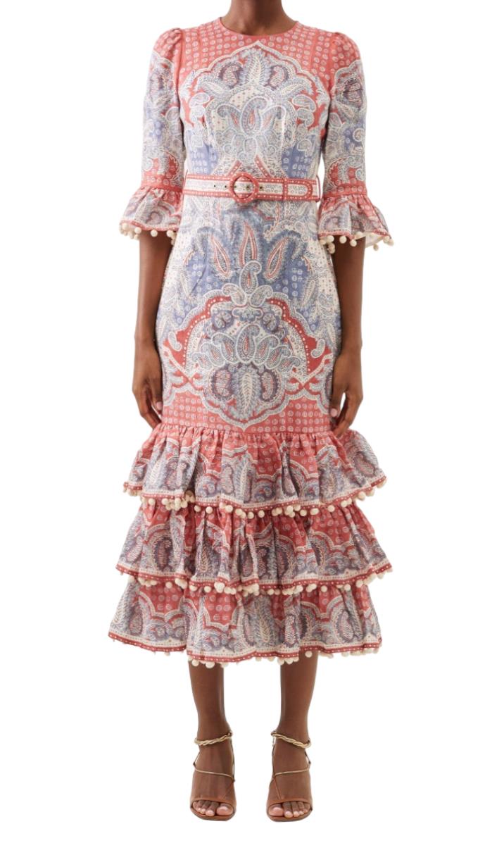 Zimmermann Vitali Tiered Hem Midi Dress| Blue/Pink, Paisely, Belted, Linen