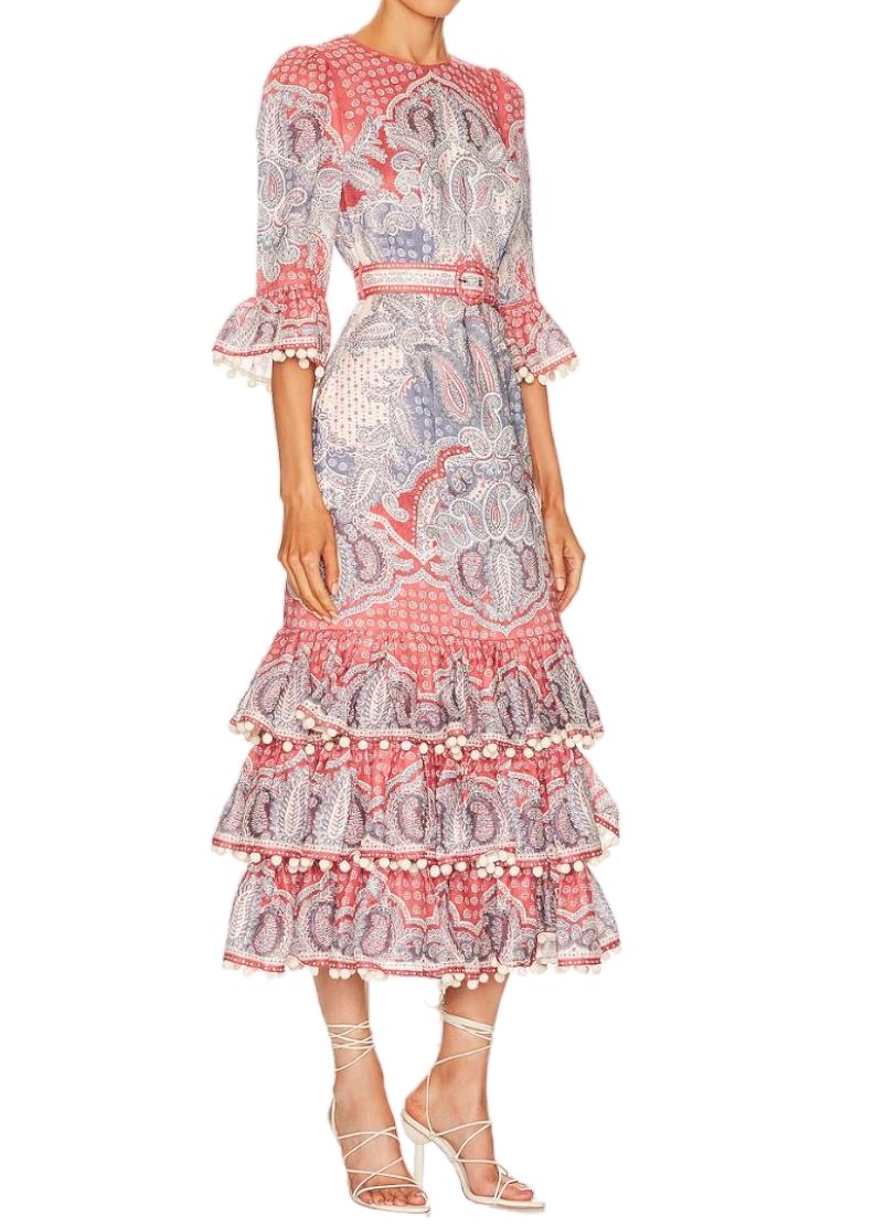 Zimmermann Vitali Tiered Hem Midi Dress| Blue/Pink, Paisely, Belted, Linen