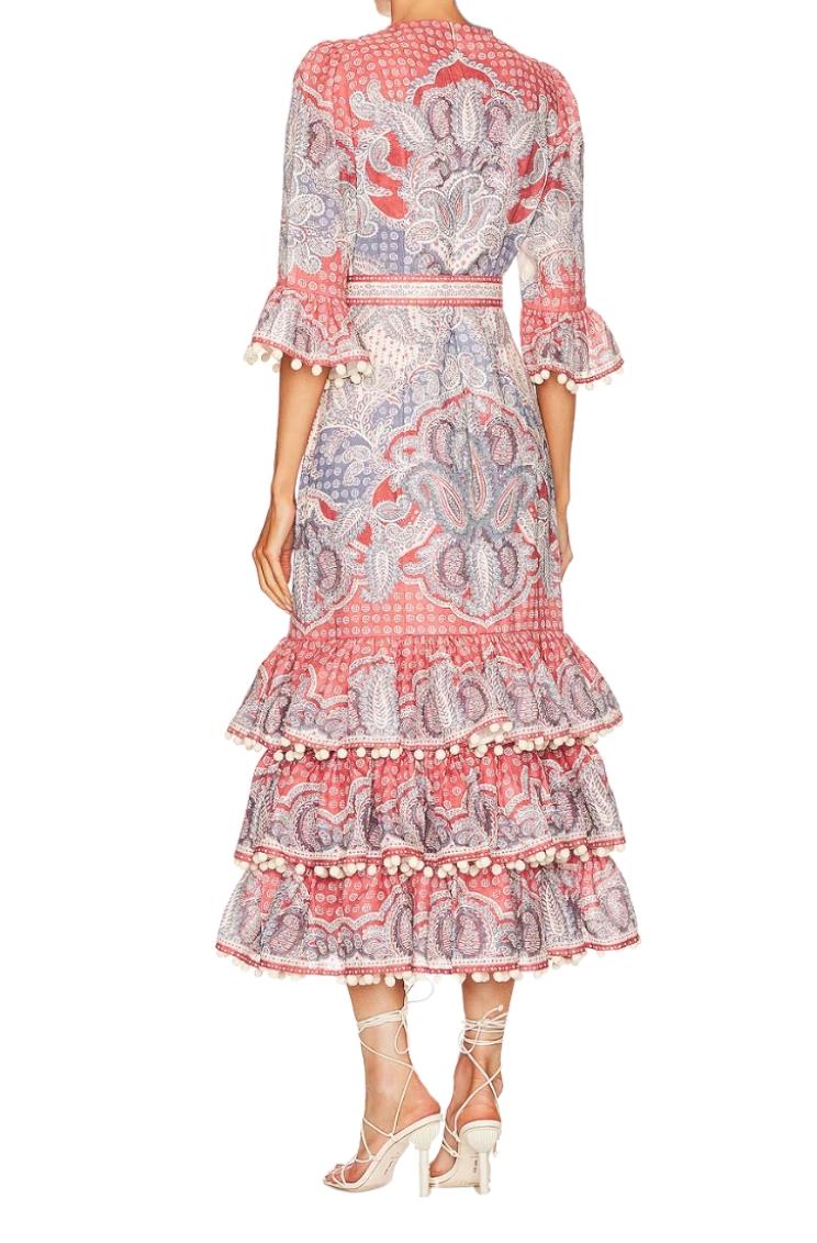 Zimmermann Vitali Tiered Hem Midi Dress| Blue/Pink, Paisely, Belted, Linen