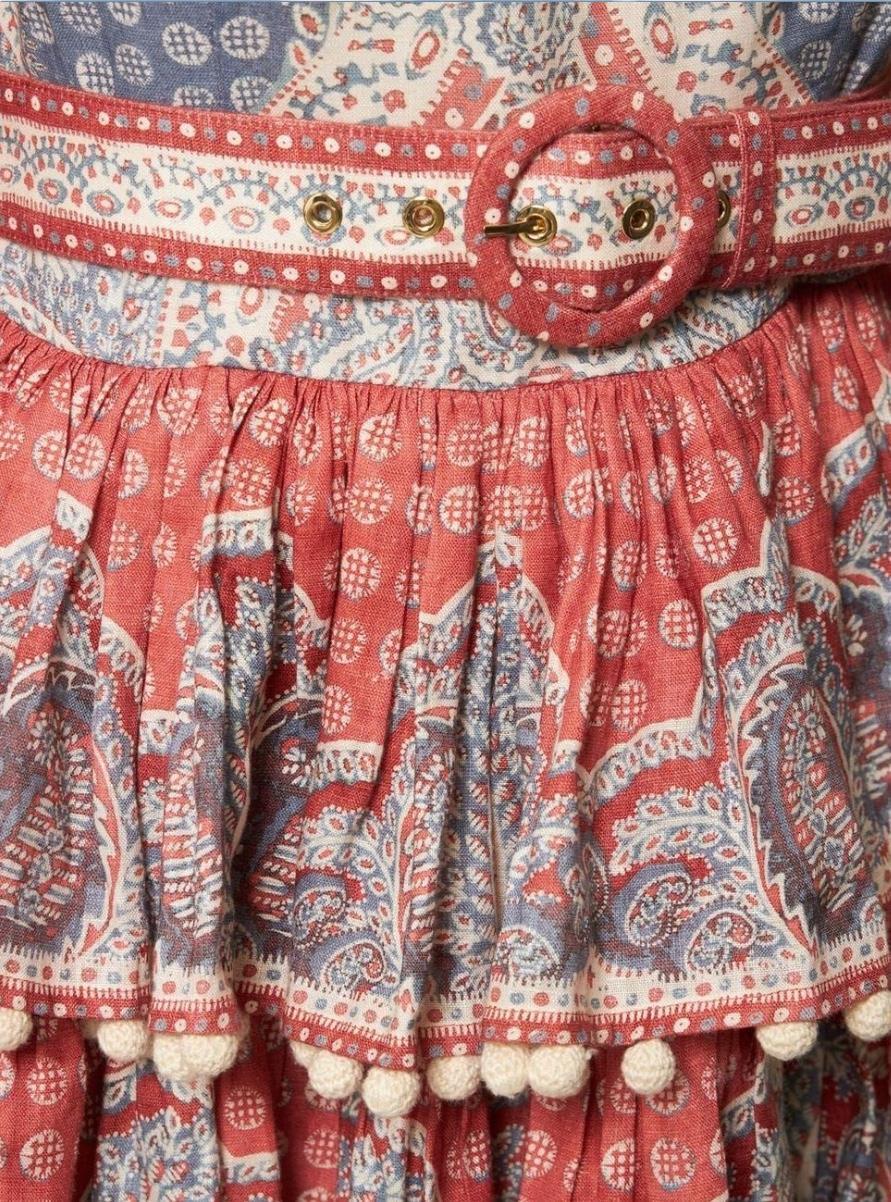 Zimmermann Vitali Tiered Hem Midi Dress| Blue/Pink, Paisely, Belted, Linen