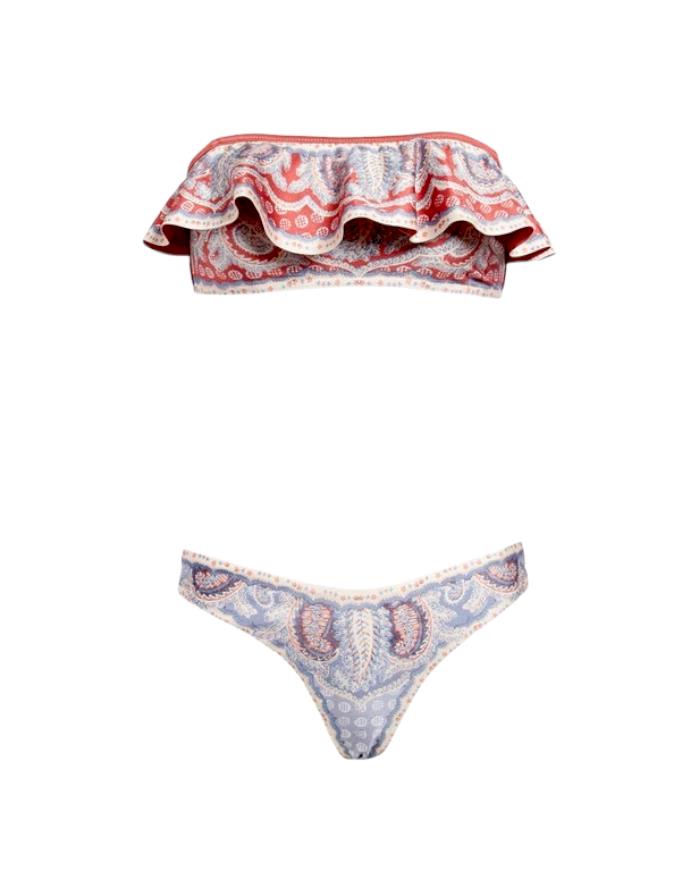 Zimmermann Vitali Frill Bandeau Bikini |Blue Paisley, Frill Top, Low Rise Bottom