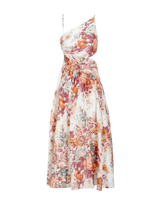 Zimmermann Pattie Asymmetric Dress | Cream Floral, Linen, Criss Cross, Cut Out