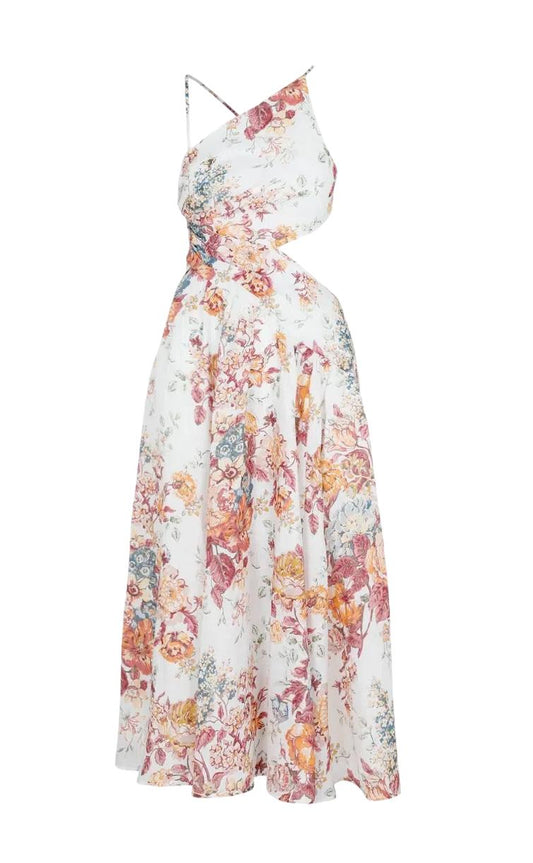 Zimmermann Pattie Asymmetric Dress | Cream Floral, Linen, Criss Cross, Cut Out