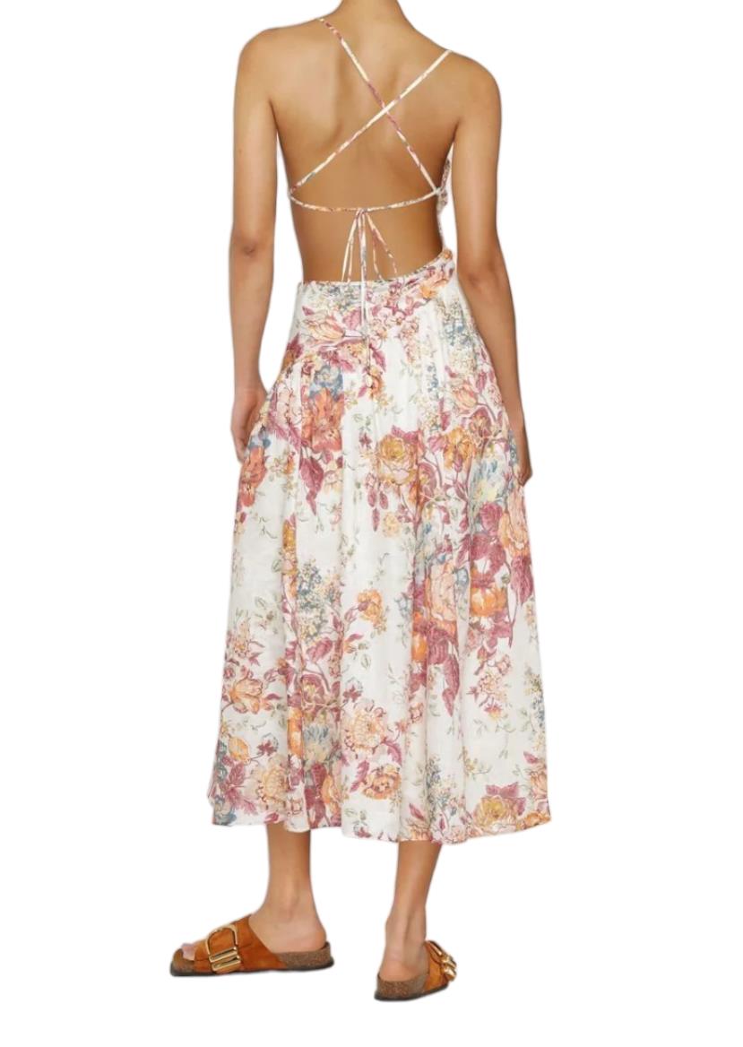 Zimmermann Pattie Asymmetric Dress | Cream Floral, Linen, Criss Cross, Cut Out