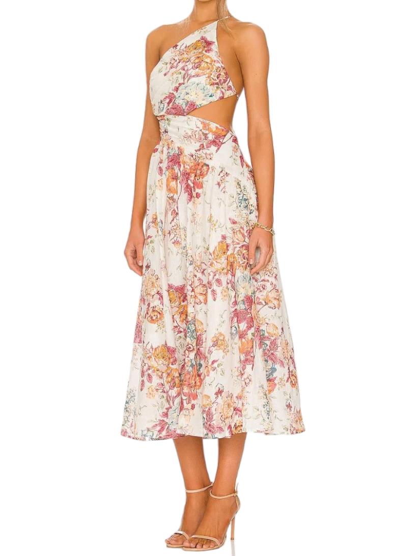 Zimmermann Pattie Asymmetric Dress | Cream Floral, Linen, Criss Cross, Cut Out