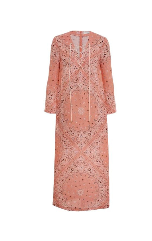 Zimmermann Violet Lace Up Midi Dress | Pink/Peach Bandana, Cotton, Lace Up Neck