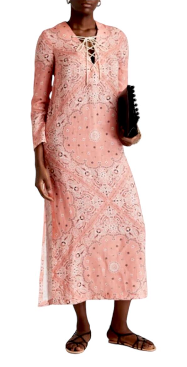 Zimmermann Violet Lace Up Midi Dress | Pink/Peach Bandana, Cotton, Lace Up Neck