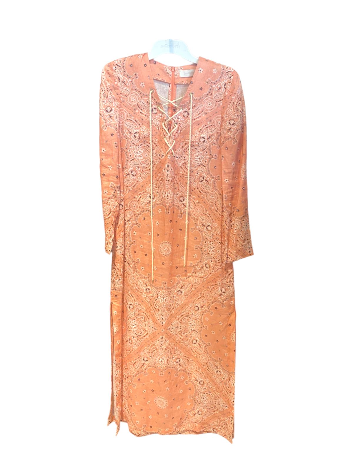 Zimmermann Violet Lace Up Midi Dress | Pink/Peach Bandana, Cotton, Lace Up Neck