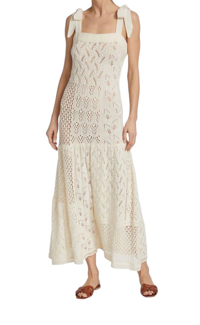 Zimmermann Anneke Patchwork Dress | Cream/White, Knitted, Dropped Waist, Tie