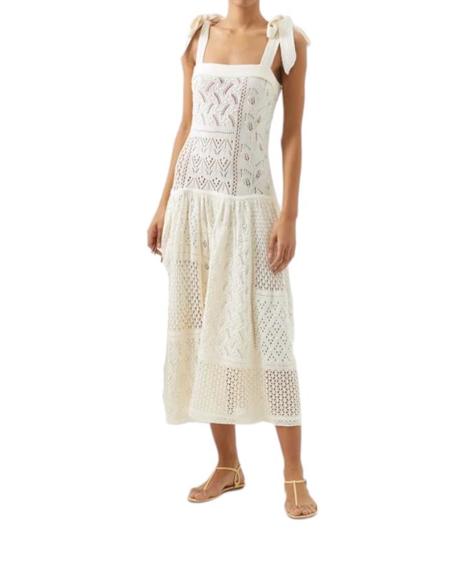 Zimmermann Anneke Patchwork Dress | Cream/White, Knitted, Dropped Waist, Tie