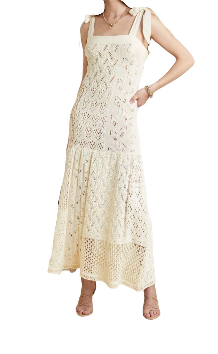 Zimmermann Anneke Patchwork Dress | Cream/White, Knitted, Dropped Waist, Tie