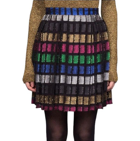 Dodo Bar Metallic Pleated Mini Skirt | Black/Multi Colour, Sz 44 Italian, Pleats