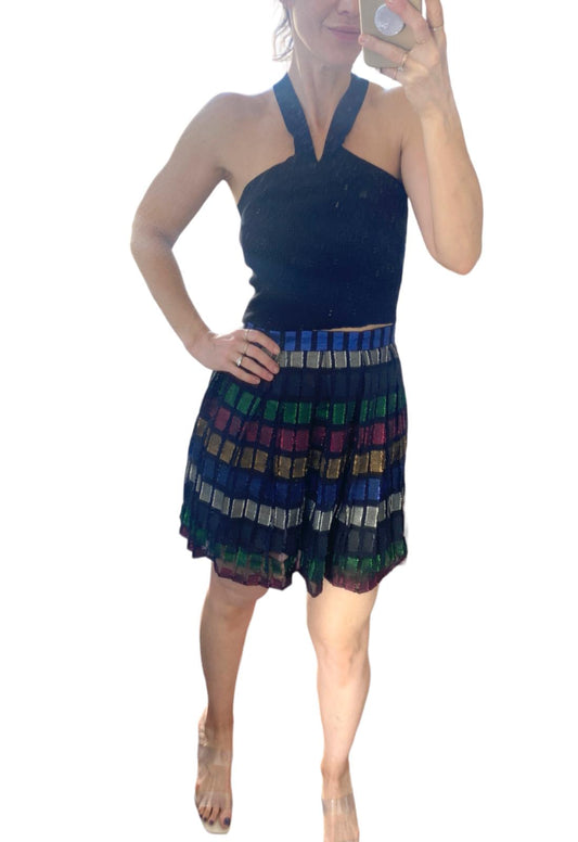 Dodo Bar Metallic Pleated Mini Skirt | Black/Multi Colour, Sz 44 Italian, Pleats