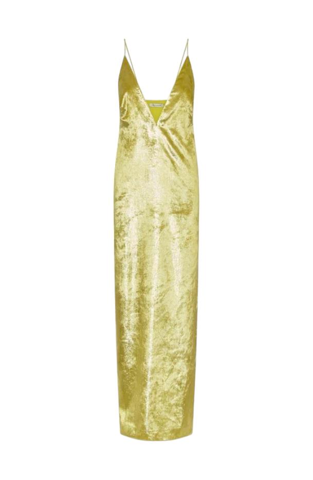 CAMILLA AND MARC Elara Dress | Citron/Yellow, Velvet Sheen, Maxi, Low V Neck