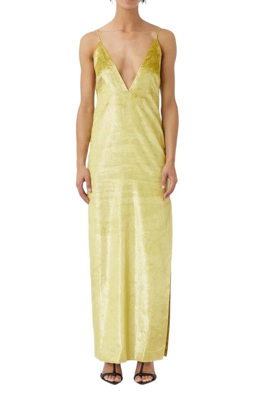 CAMILLA AND MARC Elara Dress | Citron/Yellow, Velvet Sheen, Maxi, Low V Neck