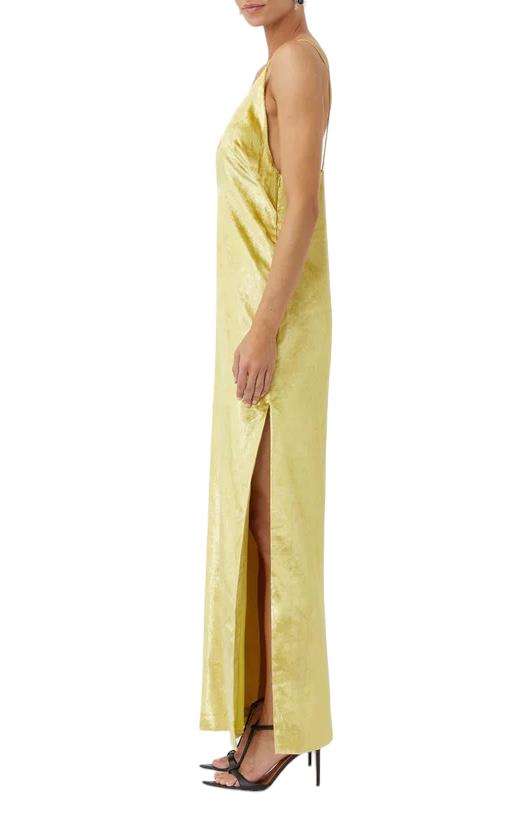 CAMILLA AND MARC Elara Dress | Citron/Yellow, Velvet Sheen, Maxi, Low V Neck