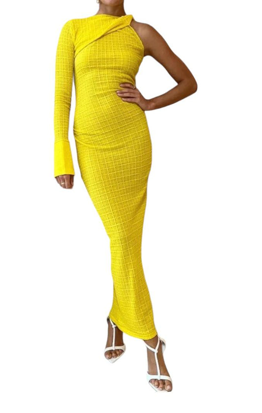 CAMILLA AND MARC Cypress Midi Dress | One Shoulder, Stretch, Yellow, Asymmetric