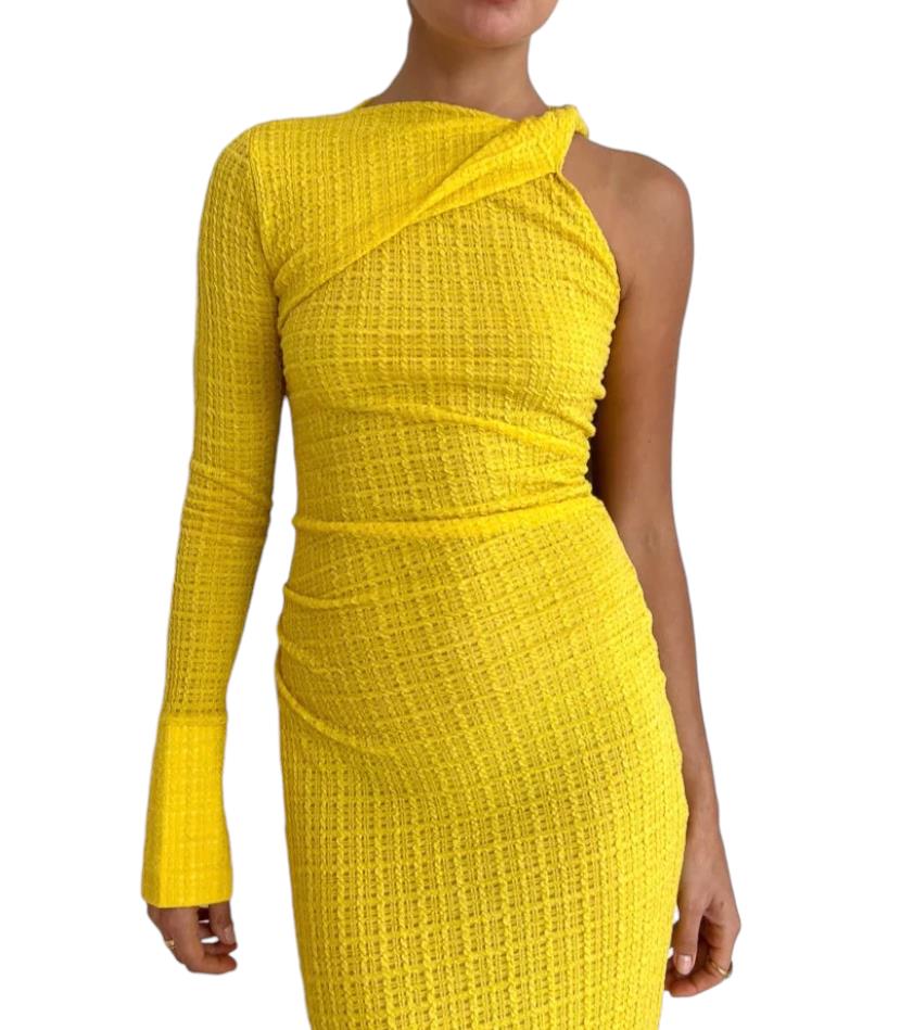 CAMILLA AND MARC Cypress Midi Dress | One Shoulder, Stretch, Yellow, Asymmetric