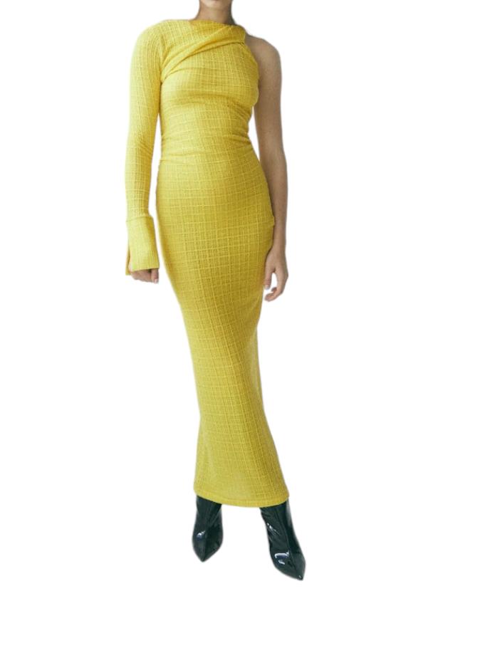 CAMILLA AND MARC Cypress Midi Dress | One Shoulder, Stretch, Yellow, Asymmetric