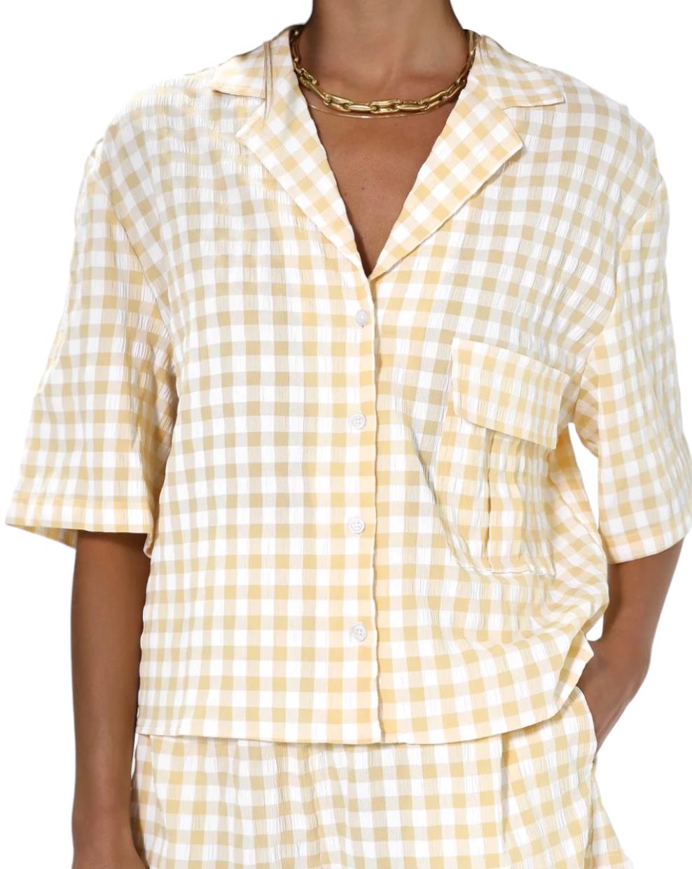 Madison The Label Gingham Shirt | Sz XS, Short Sleeve, Relaxed, Beige/White
