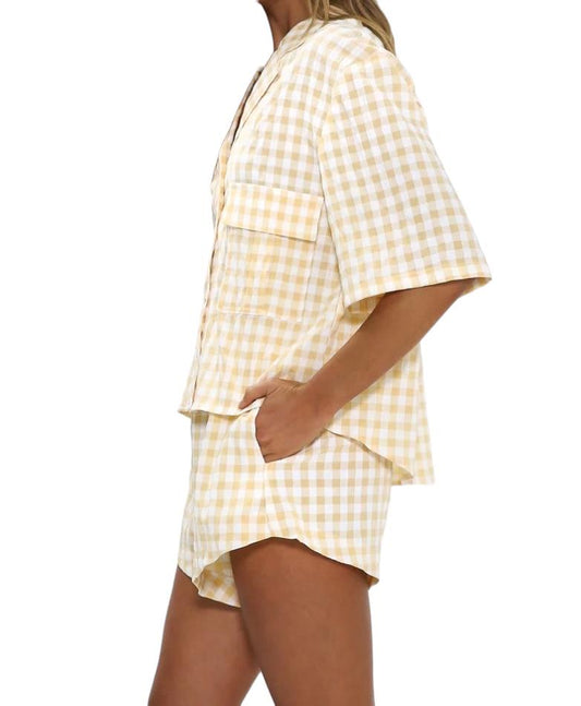 Madison The Label Gingham Shirt | Sz XS, Short Sleeve, Relaxed, Beige/White