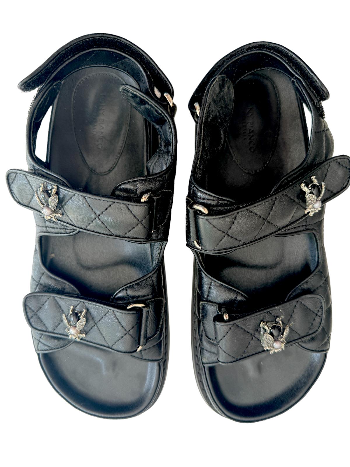 Tony Bianco Hiranni Dad Sandals | Black, Flat, quilted, Embellished Detail,Sz 41