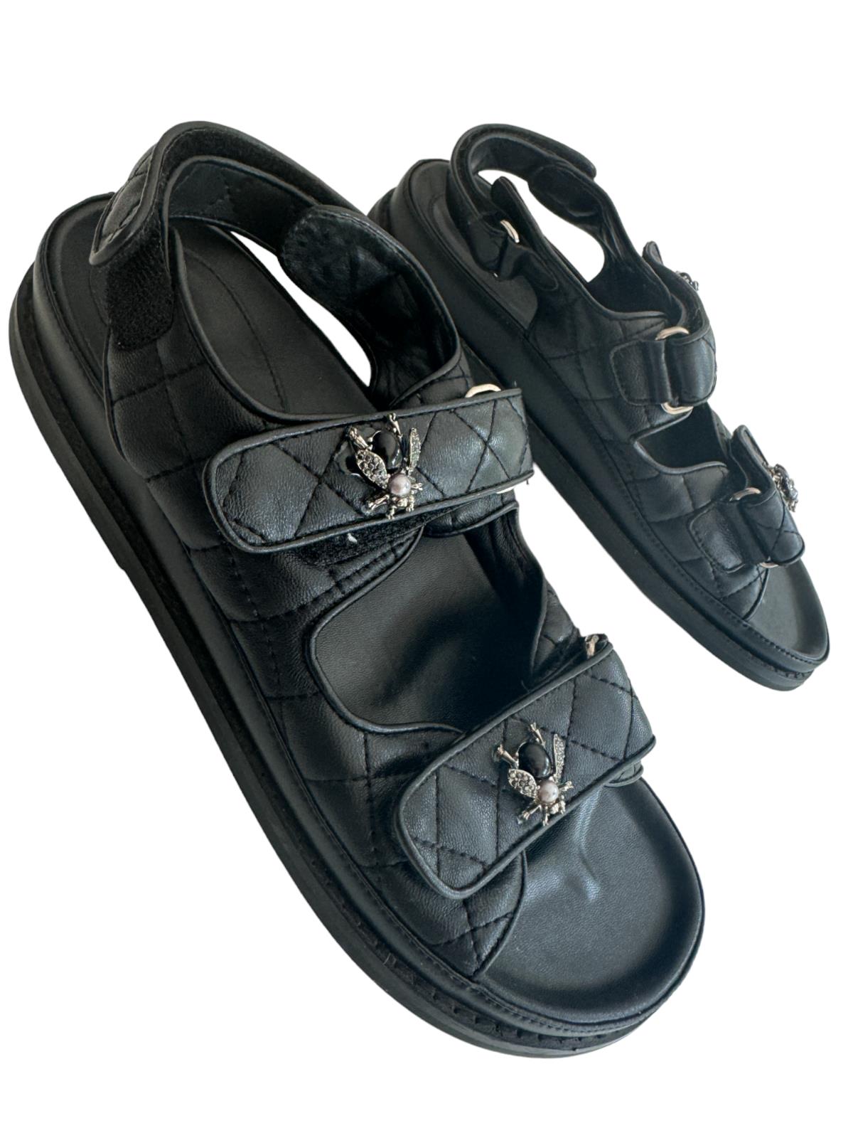 Tony Bianco Hiranni Dad Sandals | Black, Flat, quilted, Embellished Detail,Sz 41