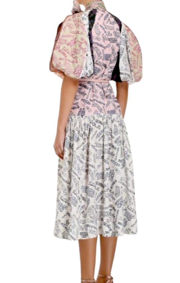 Zimmermann Spliced Zodiac Tie Neck Dress | Print, Puff Sleeves, Belt, Midi