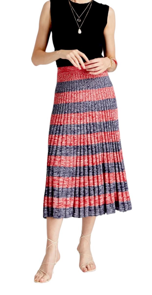 Zimmermann High Tide Rib Midi Skirt | Marle, Navy, Red, Stripe, Stretch, Pleats