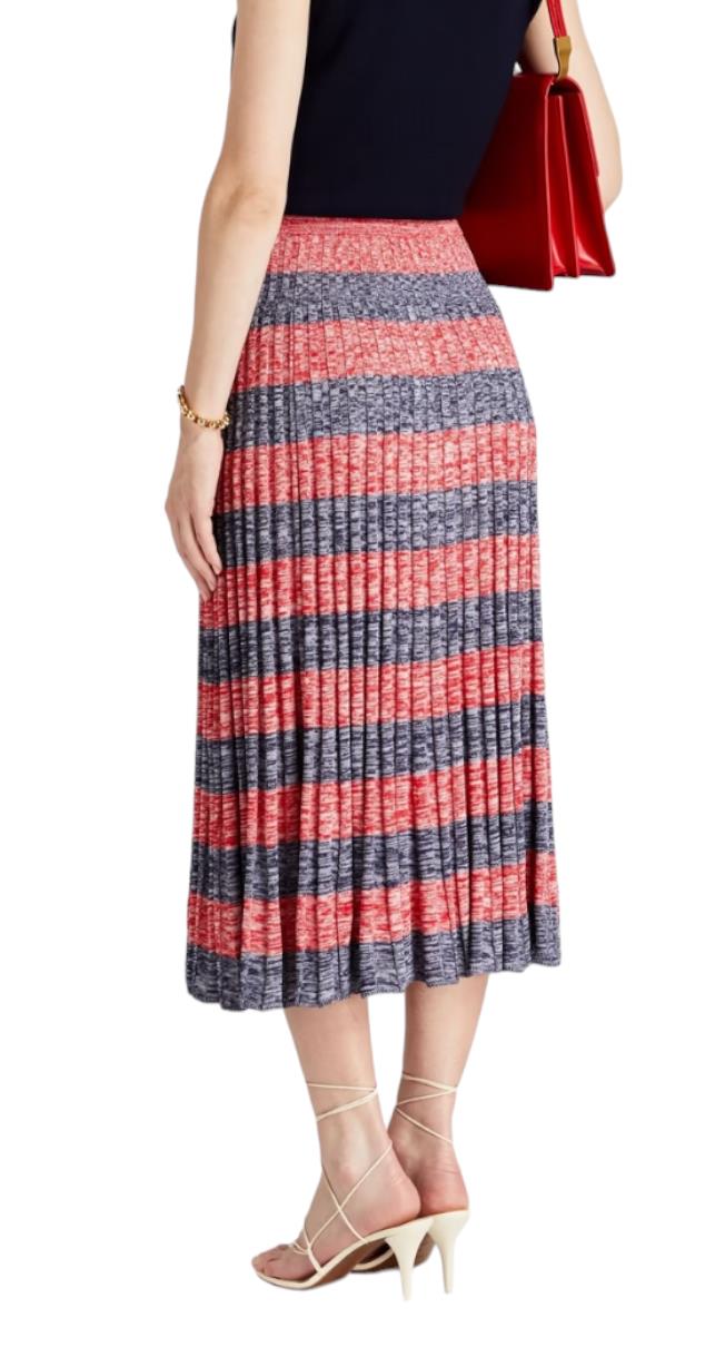 Zimmermann High Tide Rib Midi Skirt | Marle, Navy, Red, Stripe, Stretch, Pleats