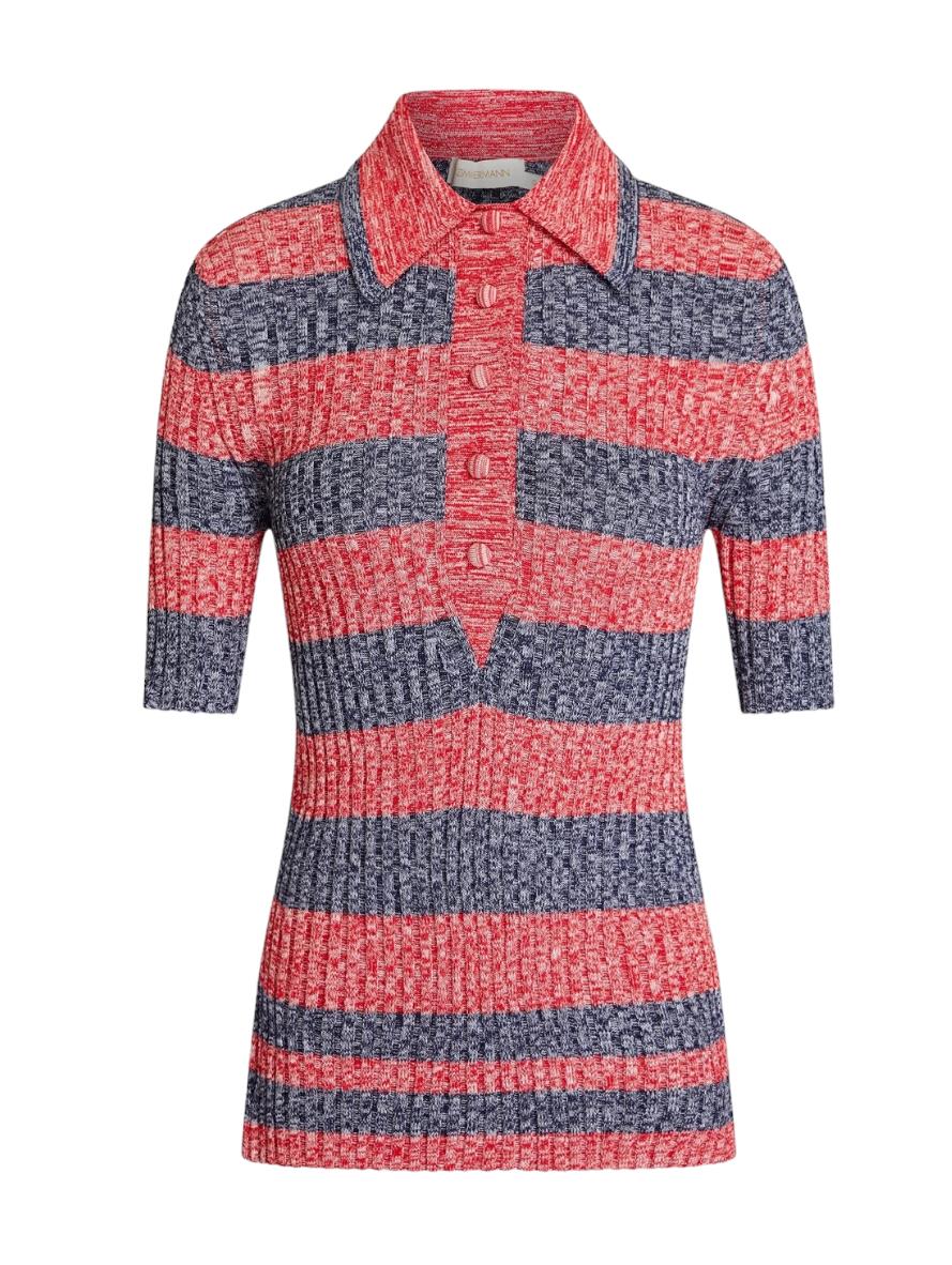 Zimmermann High Tide Rib Polo Shirt | Navy/Red Marle Striped, Stretch, Knitted