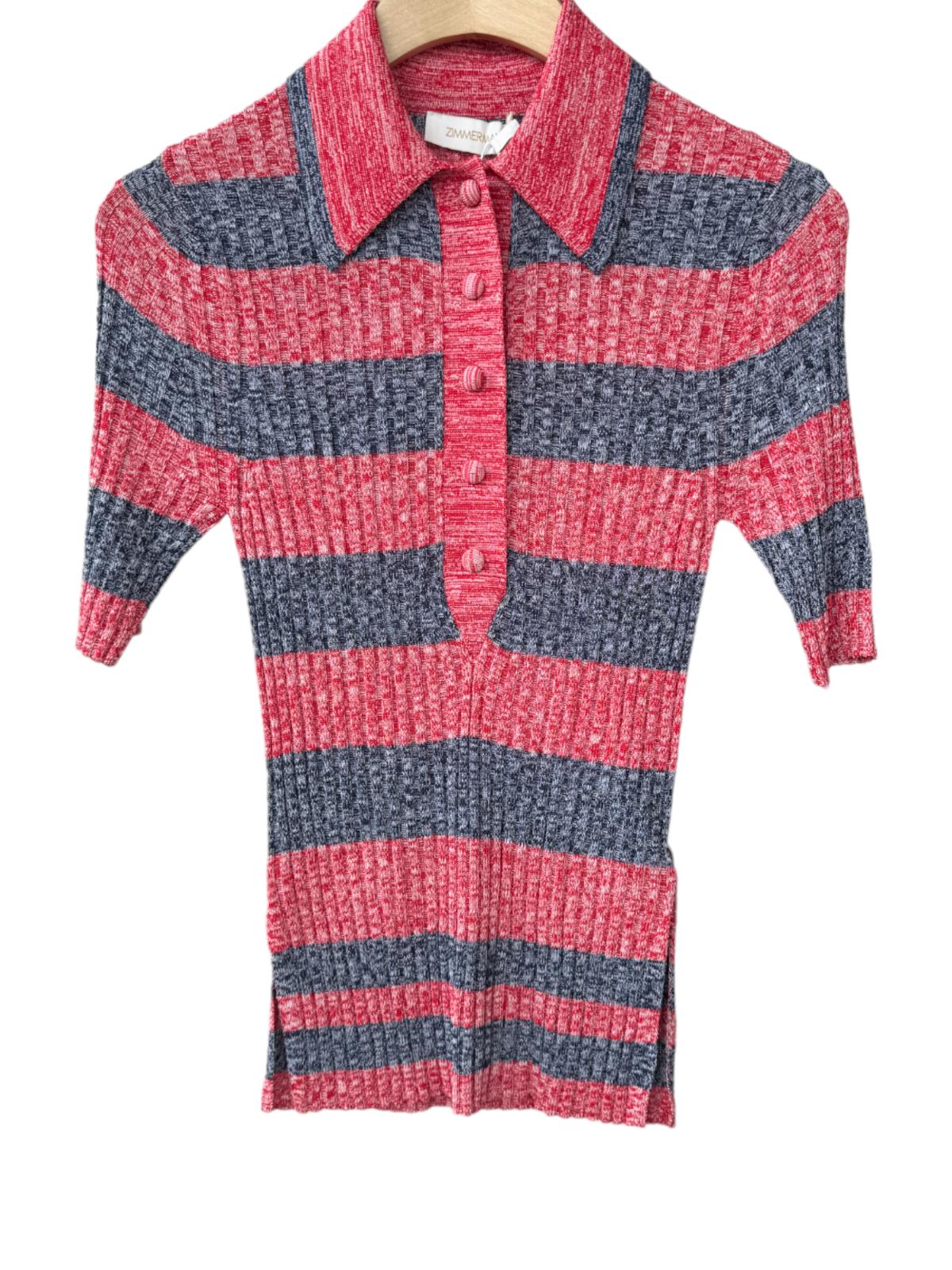 Zimmermann High Tide Rib Polo Shirt | Navy/Red Marle Striped, Stretch, Knitted