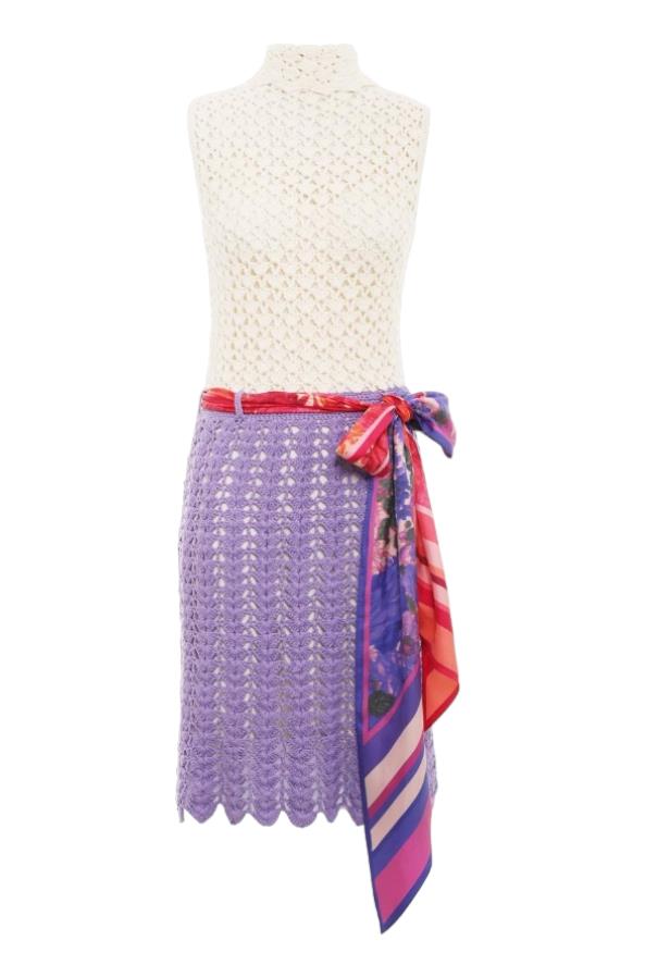 Zimmermann High Tide Crochet Mini Dress, Cream/Lilac/Purple, Slip, Scarf Belt