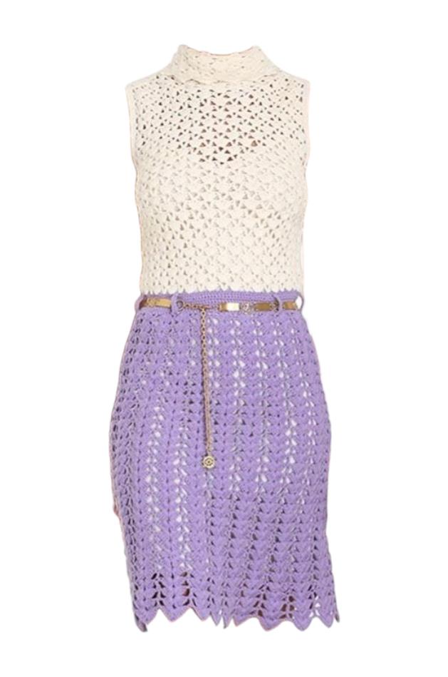 Zimmermann High Tide Crochet Mini Dress, Cream/Lilac/Purple, Slip, Scarf Belt