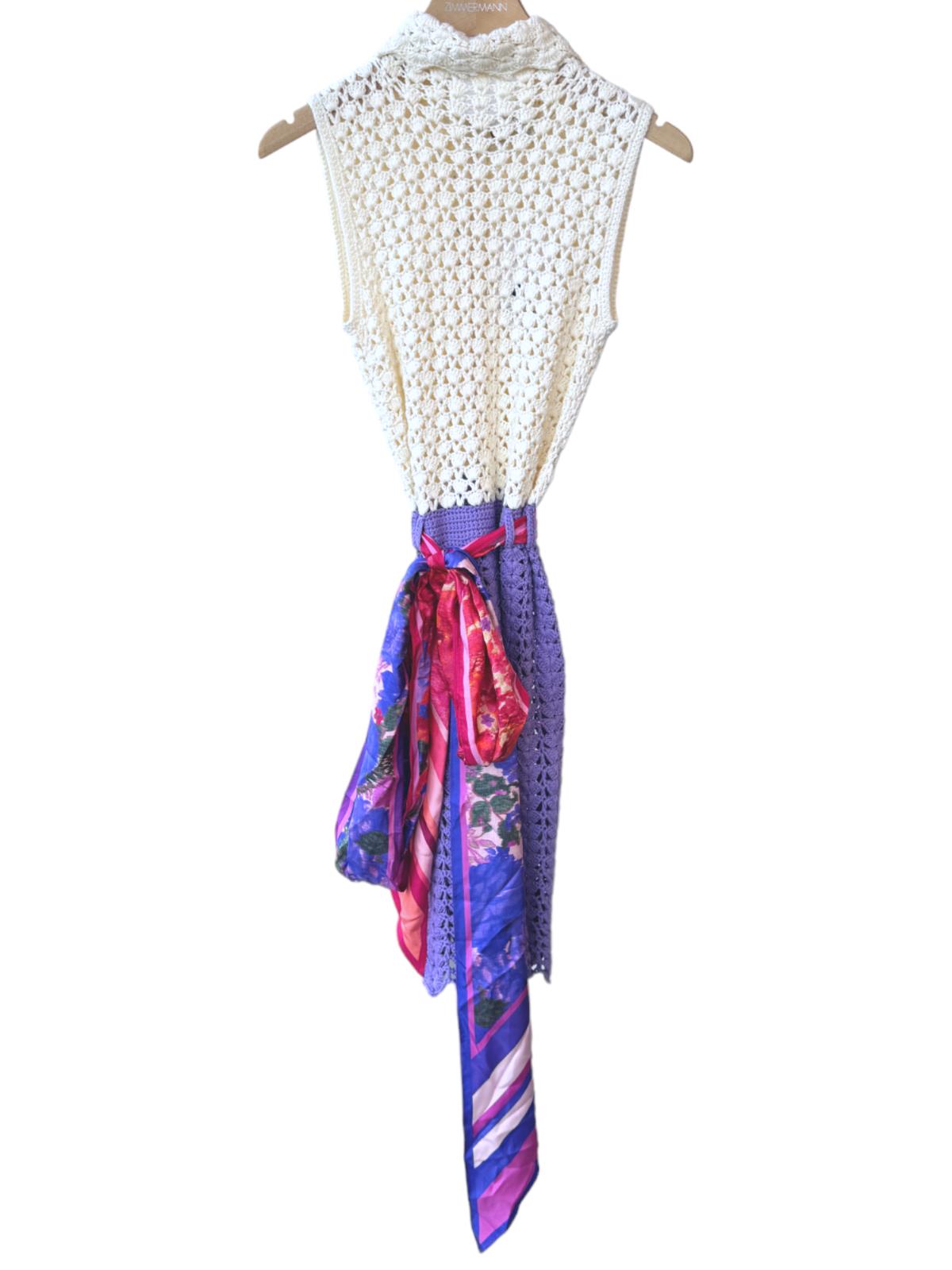 Zimmermann High Tide Crochet Mini Dress, Cream/Lilac/Purple, Slip, Scarf Belt