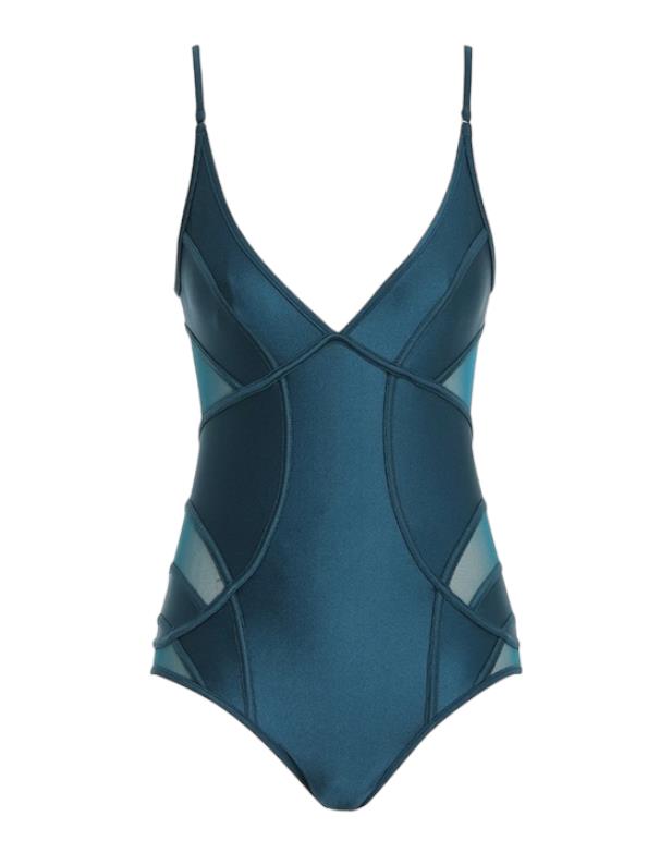 Zimmermann Devi Panelled Mesh One Piece | Teal/Blue/Green, Low Back, V-Neck