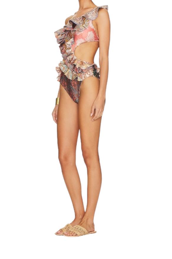 Zimmermann Devi Ruffle One Piece |Spliced, Paisley, One Shoulder, Frills, Cutout