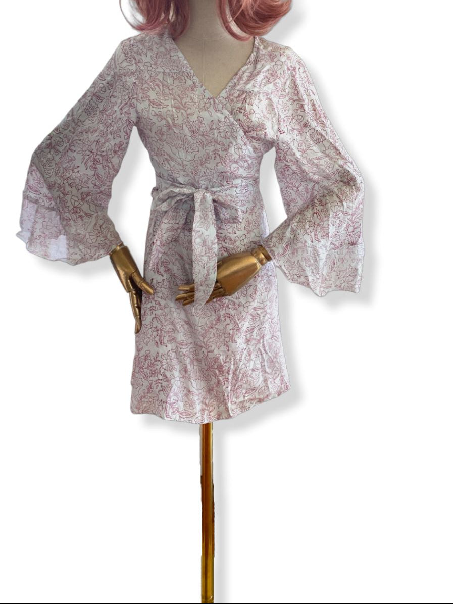 Hannah Artwear Wrap Mini Dress | One Size Fits All, 100% Silk, Flare Sleeves
