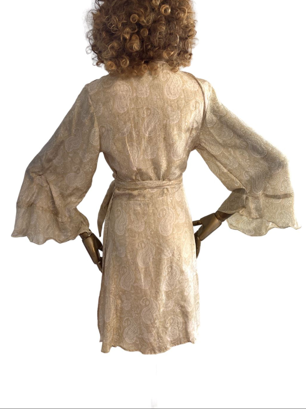 Hannah Artwear Wrap Mini Dress | One Size Beige, 100% Silk, Flare Sleeves