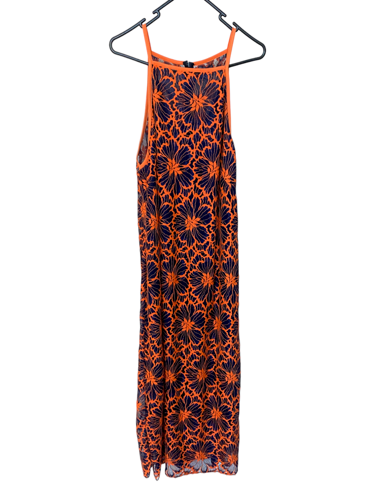 CUE Cue Contrast Floral Midi Dress | Lace Overlay, Navy & Orange, Partial Lining