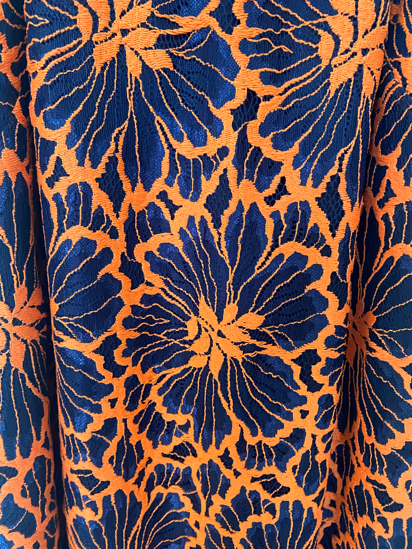 CUE Cue Contrast Floral Midi Dress | Lace Overlay, Navy & Orange, Partial Lining