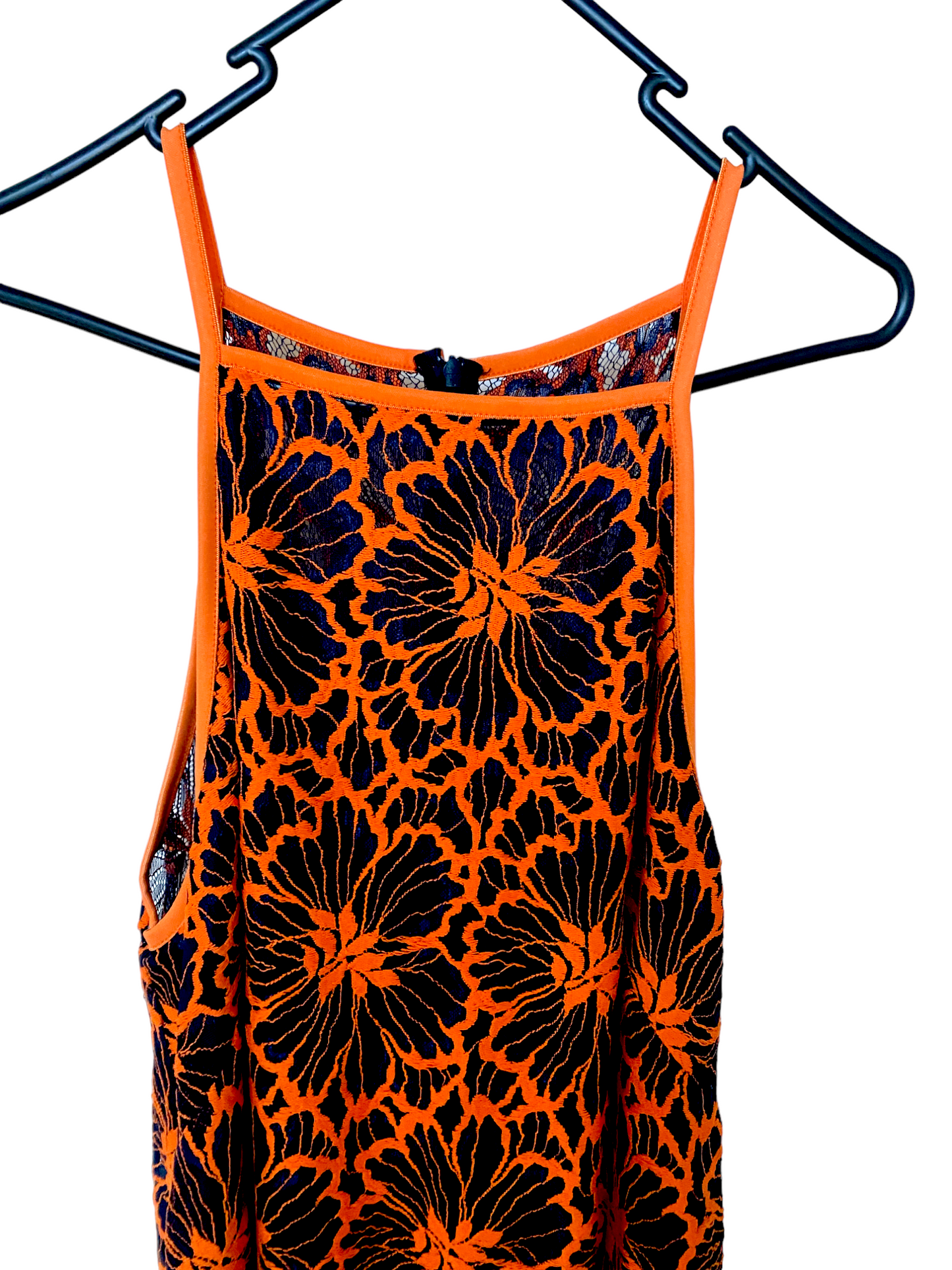 CUE Cue Contrast Floral Midi Dress | Lace Overlay, Navy & Orange, Partial Lining